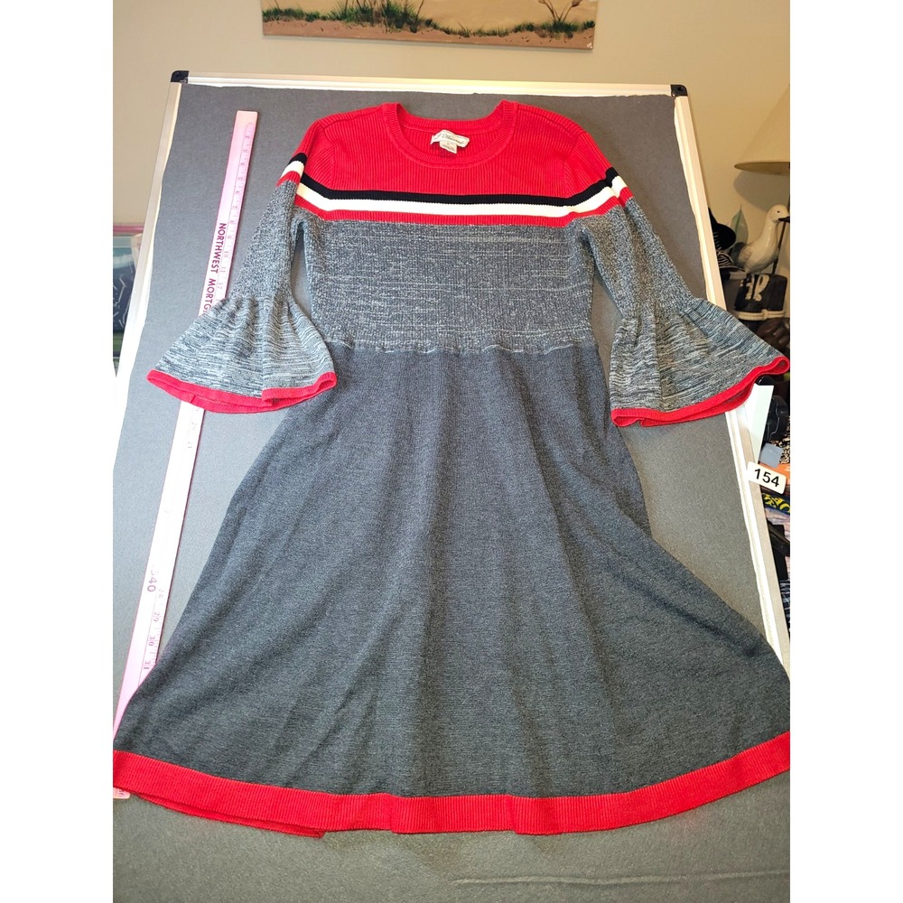 J Howard Red Gray Striped Knit Sweater Dress XL 3/4 Bell Sleeve Knee